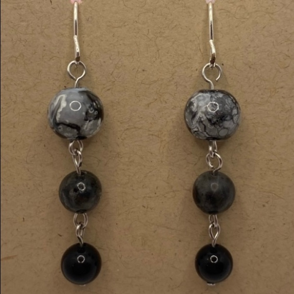 Tri Color Black and Gray Marble Earring Pair